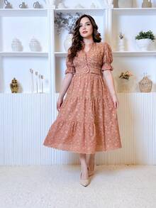 Women's Midi Dress With Belt And Lined Buttons, High Neck, Embroidered Layse, Covered Back, Modest Evangelical Christian Fashion - MM Modas Oficial - Terracota - Ver 3
