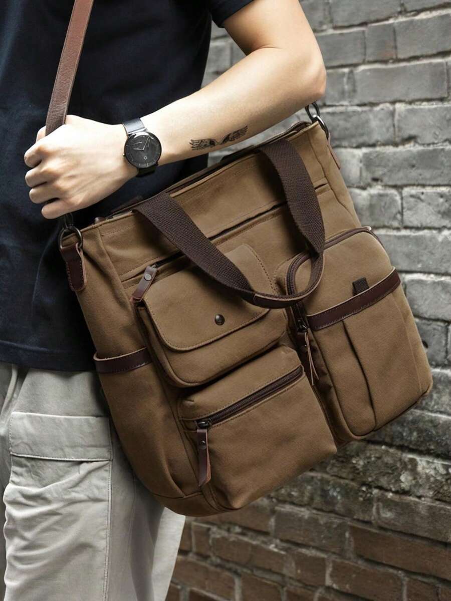 Vintage Canvas Messenger Bag For Men, Multi-Pocket Laptop Briefcase With Leather Trim, Shoulder Bag, Water-Resistant Work Bag For College, Commute, Travel, Fits 15" Laptop & Accessories 2000s Style Streetwear - A - View 1