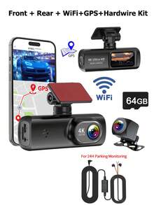 4K Ultra HD Dash Cam, Dual Front And Rear Cameras, Includes 64GB SD Card, Built-In WiFi, 1.47" IPS Screen, Night Vision, 170° Wide Angle, WDR, 24-Hour Parking Monitoring, Mobile App Control, Adhesive Backing, Suitable For All Vehicles, Car Safety Camera | Modern Auto Accessories | Supports WiFi, Car Dash Cam