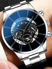 2 Pieces/Set, 1 Silver Stylish Men's Calendar Quartz Watch + 1 Classic Simple Cuban Bracelet - Silver - View 2