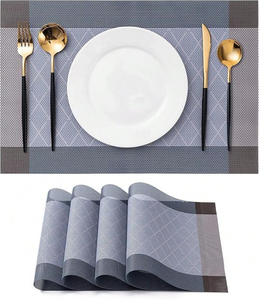 Washable Vinyl Placemats Set Of 4 For Indoor/Outdoor Use - C-rhombus-blue - View 1