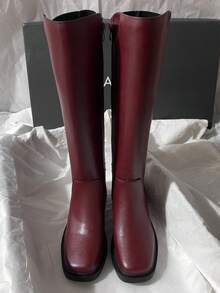 Fall/Winter 2025 New Leather Mid-Heel Over-The-Knee Riding Motorcycle Boots, Simple & Versatile High Shaft Boots For Women - Burgundy - View 4