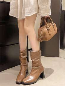 Women's French Style Ankle Boots, Autumn/Winter New Ruched Stacked Boots, Vintage Fashion Versatile Boots, Chunky Heel High Heel Pointed Toe Slim Boots - Brown - View 1