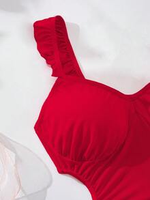 女士牛奶丝荷叶袖连衣裙，圣诞镂空腰身紧身连衣裙，娃娃裙，性感内衣，性感睡衣 - 紅色 - 查看 9