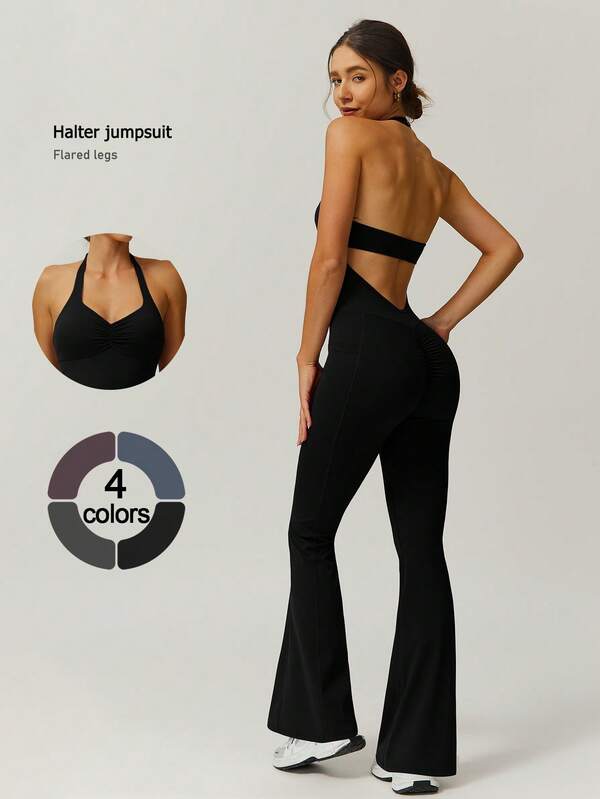 NcmRyu 1 Stück Damen modischer nahtloser elastischer Neckholder rückenfreier Yoga Tanz Fitness Lauf Jumpsuit