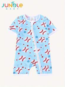 Junblebaby Tight-Fitting - Bamboo Fiber Baby Short-Sleeved Double-Zipped Dress, Easy To Change Diapers, Baseball Theme, With Cartoon Blue And White Baseball Digital Print, Super Soft And Breathable Double-Zipped Short-Sleeved And Short Pants, Baby Jumpsuit, Suitable For Summer Wear - 藍色 - 查看 2