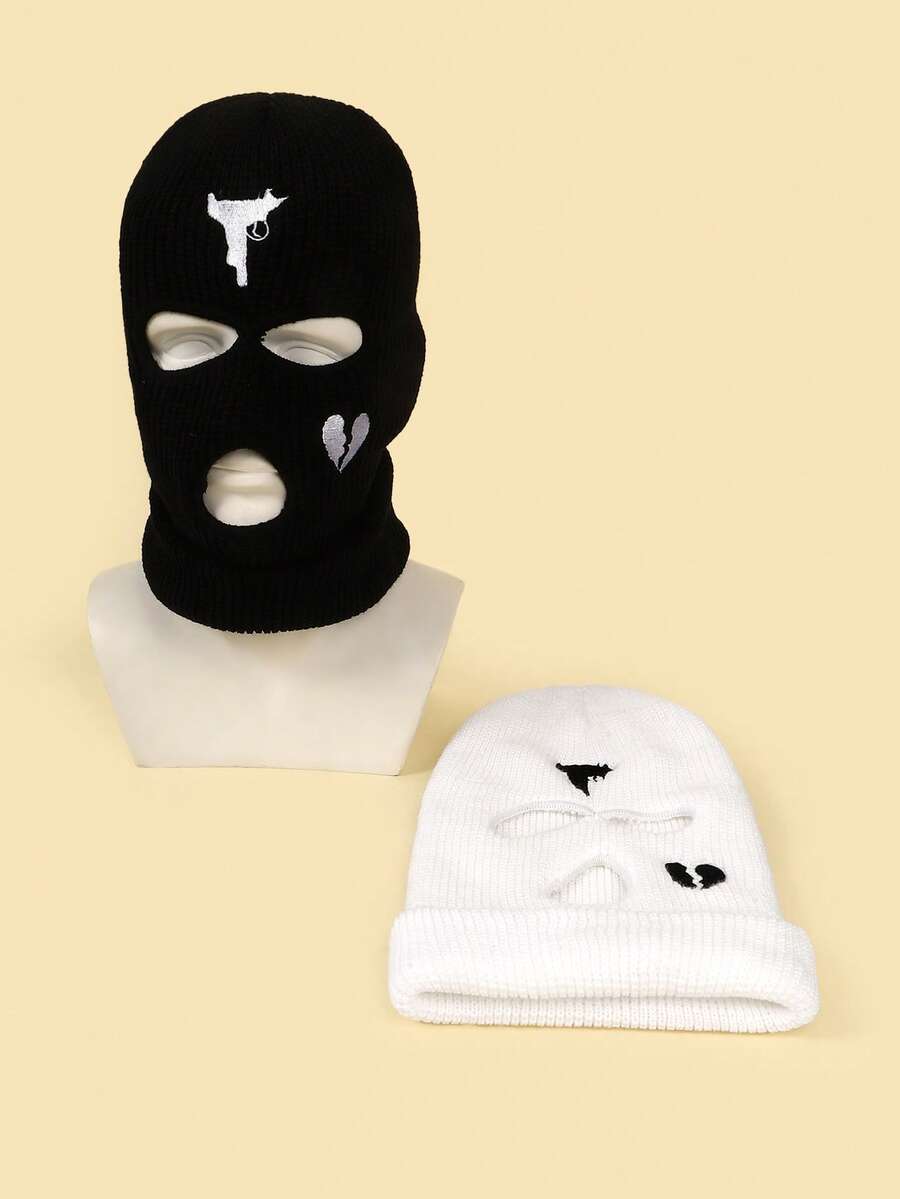 1pc/2pcs Men's Black Knitted Balaclava Ski Mask With Gun & Broken Heart Embroidery-Great For Winter, Skiing, Snowboarding, Cosplay, Streetwear