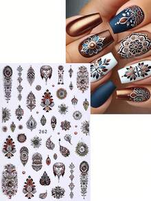 2/6 件 3D 波西米亚风格指甲贴纸，神秘哥特式曼陀罗花卉印花贴花雕刻美甲装饰贴片，美甲配件工具，美甲用品 - 彩色 - 查看 2