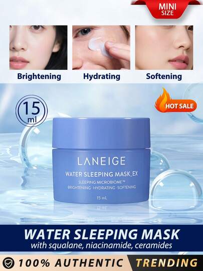  Laneige [มินิ] Water Sleeping Mask 15มล. / เพิ่มความกระจ่างใส & ให้ความชุ่มชื้น & ทำให้ผิวนุ่ม / มาส์กข้ามคืนจากเกาหลี เพื่อให้ความชุ่มชื้นอย่างล้ำลึกและเติมความโกลว์ให้ผิวของคุณในชั่วข้ามคืน สูตรเจลบางเบาและสดชื่นช่วยให้ผิวเย็นลงอย่างอ่อนโยนและล็อคความชุ่มชื้นอย่างล้ำลึกที่บางเบาต่อผิว