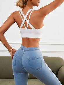 5pcs Solid Color Seamless Criss-Cross Back Sports Bras, Padded Wireless Women's Bras, Skin-Friendly Breathable Comfortable Sexy Ladies Bras & Lingerie