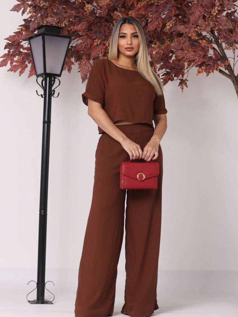 Elegant Women's Set Viscose Blouse + High Waist Pants Simple Casual