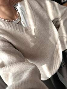 女士纯色罗纹针织套头毛衣，时尚优雅，宽松版型，秋冬款 - 杏色 - 查看 5