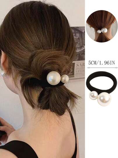 1 件女士黑珍珠发圈，时尚百搭韩国发饰，黑色厚弹性发带带蝴蝶结，适合日常佩戴（珍珠位置可能与实际商品不同）