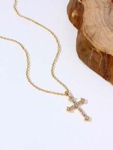 1pc Exquisite Cross Pendant Necklace Inlaid With Rhinestone - Silver - View 7