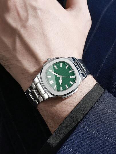 1pc Minimalist Square Dial Calendar Stainless Steel Strap Quartz Wrist Watch, Business (Watch Box Not Included) view 3