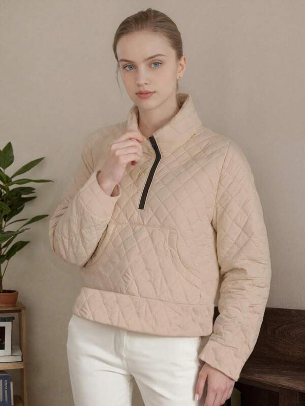 1 pieza Chaqueta corta suelta para mujer, de tela tejida de unicolor, con bolsillo con cremallera delantero, estilo de moda, abrigo casual, abrigo minimalista acolchado, adecuado para uso diario y al aire libre, otoño/invierno