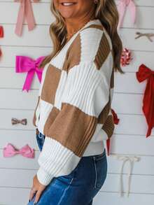 Acelitt Cardigan casual cu imprimeu contrastant și textură, model kaki în carouri, toamnă nouă