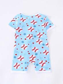 Junblebaby Tight-Fitting - Bamboo Fiber Baby Short-Sleeved Double-Zipped Dress, Easy To Change Diapers, Baseball Theme, With Cartoon Blue And White Baseball Digital Print, Super Soft And Breathable Double-Zipped Short-Sleeved And Short Pants, Baby Jumpsuit, Suitable For Summer Wear - 藍色 - 查看 3