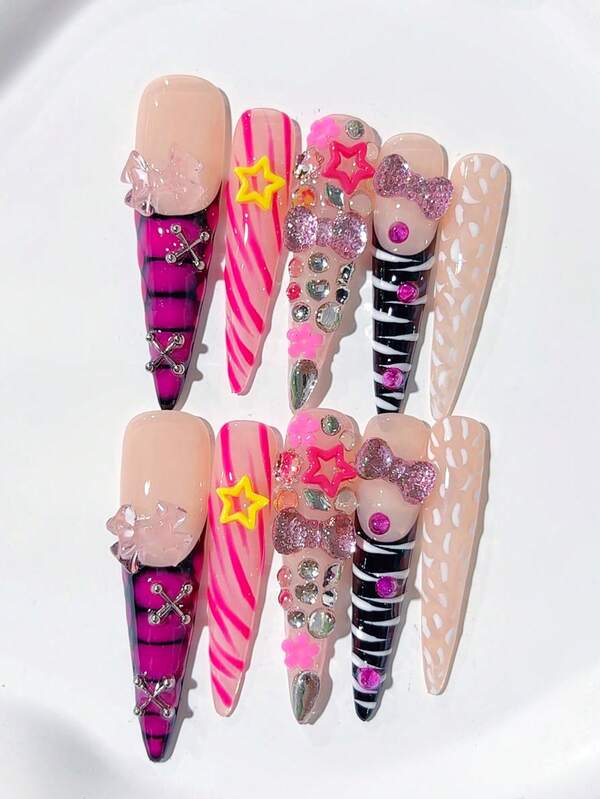 10pcs Y2K Handmade Cute Extra Long Pointed Gothic Style Pink Nail Art Stickers, Hand-Painted French Tips, Pink Lines, Pink Bows, Metal Nail Plates, Colorful Stars, Diamond Decor; Nail Art Supplies, Acrylic Nail Stickers, DIY Nails, Nail Art, Acrylic False Nails; Suitable For Vacation, Birthday, Party, Daily Wear; Includes 1pc Nail Sticker Sheet And 1pc Mini Nail File Handmade Press On Nails