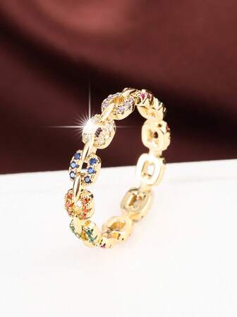 1pc Minimalist Figure-8 Chain Design Cubic Zirconia Inlaid Women's Ring, Casual Gift