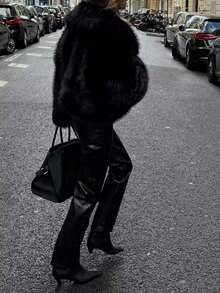 DEEKA Autumn/Winter New Thickened Faux Fox Fur Collar Fashionable Short Coat, Synthetic Fur Effect, Youthful Vibe Black - Black - View 7