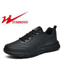STARNOVO 男鞋，黑色皮革鞋面防水防滑运动鞋，软底耐穿跑步徒步工作鞋，适合大码男士，春秋季 - 黑色 - 查看 3