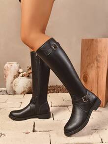 2025秋冬女士过膝靴，时尚黑色侧拉链摩托车靴，及膝马靴。适合日常穿着，出席宴会、派对、时装秀、中筒靴、过膝靴和日常鞋履。 - 黑色 - 查看 3