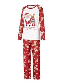 Christmas Family Pajamas Matching Set Santa Elk Print Long Sleeve Tops And Pants Loungewear Soft Sleepwear - 紅色 - 查看 3