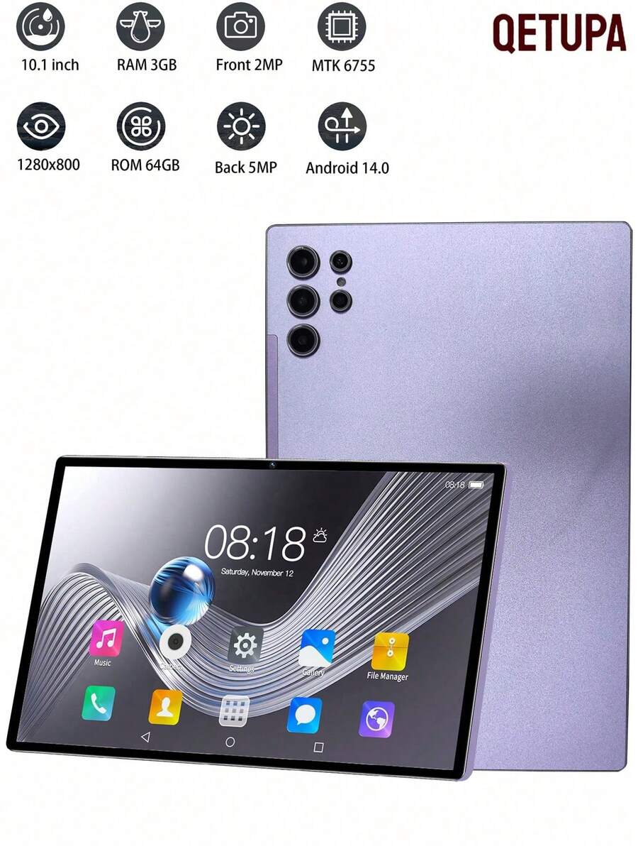 Qetupa Z50 是一款 10.1 英寸 Android 14 平板电脑，配备 3GB 内存和 64GB 内部存储空间，搭载 MTK 6755 八核 1.8GHz 处理器，采用高清 (1280x800) IPS 触摸屏，支持蓝牙 5.2 和 802.11ac WiFi5，配备 GPS、2MP 前置摄像头和 5MP 后置摄像头，以及 6000mAh 大容量电池，但不支持 SIM 卡。 - 紫色 - 查看 1
