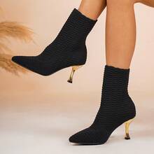 Women's Pointed Toe High Heel Ankle Boots, Elegant Stiletto Heel Design, Solid Color Fabric, Versatile And Fashionable, Suitable For Daily Wear, Parties, And Office Commute - Black - View 7