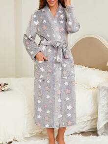1pc Women Star Print Fluffy Robe, Elegant & Fashionable, Thick & Warm For Autumn/Winter, Comfortable For Outdoor, Vacation, And Loungewear, Cozy - Multicolor - View 4