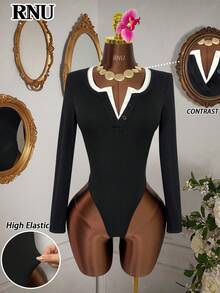 RNU 对比黑白半扣女式简约 V 领不对称领口弹力打底修身上衣女式休闲俱乐部商务休闲演唱会服装办公室服装老钱风格热纯色罗纹针织面料高弹力超柔软舒适婴儿亲肤修身休闲日常性感派对街头度假旅行约会春夏秋冬两件套新款长袖紧身衣 - 黑與白 - 查看 6