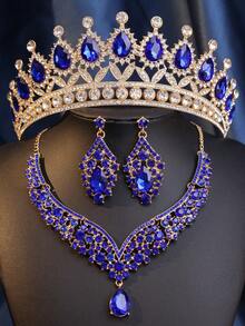 4pcs Set Kalung dan Anting Mahkota Pengantin Modis dari Paduan Seng, Perhiasan Pernikahan Berlian Imitasi untuk Pengantin Wanita - Perlengkapan Aksesori Pernikahan Elegan - Biru - View 20