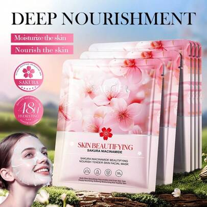 Mặt nạ dưỡng da sâu Sakura Niacinamide 5 miếng/gói, cấp ẩm lâu dài 48 giờ, làm sáng da, phù hợp cho da nhạy cảm.