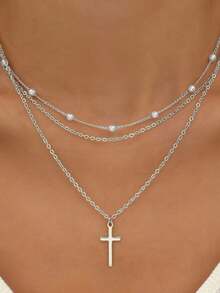 1 件女士时尚仿珍珠十字架吊坠项链，优雅百搭个性化颈链，适合日常佩戴、派对和聚会 - 彩色 - 查看 3