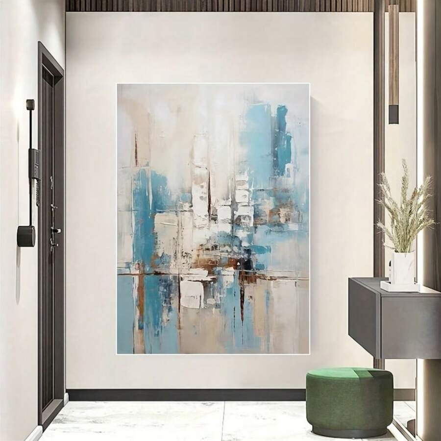 1 pieza Pintura de óleo sobre lienzo abstracta y texturizada de color azul, obra de arte minimalista y moderna de vista de calle, decoración de pared de alta calidad sin marco para dormitorio, sala de estar, oficina, cafetería, bar, hogar y dormitorio, tema de arquitectura
