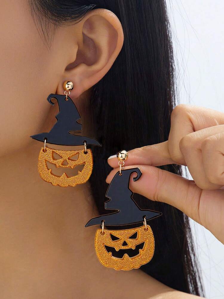 1 对复古闪光骷髅、南瓜灯、节日珠宝、节日配饰、优雅可爱的吊坠饰品、男女通用万圣节派对服装礼物 - 黃色南瓜燈耳掛 - 查看 1