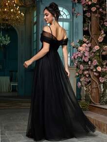 女士优雅鸡尾酒会礼服，正式长款开叉大腿晚间婚礼宾客礼服，金属面料，适合正式派对、毕业派对、婚礼、舞台表演、单身派对、春夏秋 - 黑色 - 查看 3