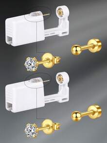 CIZME 4 件/套时尚不锈钢方晶锆石心形仿珍珠平背耳环，带穿耳枪，自穿耳套装 - 一次性穿耳枪，带预装耳钉，家用自穿耳枪套装，软骨耳环，男女皆宜，可作为日常装饰 - 銀色/金色 - 查看 16