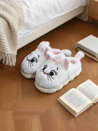 Disney Marie Cat Shoes Women's Plush Slippers - Flat Graphic With 3D Ears & Tail Indoor House Shoes For Winter