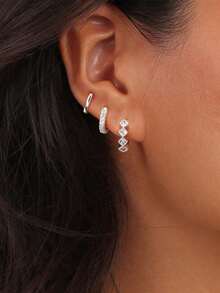 3pcs/Set Minimalist Cubic Zirconia Square Stud Earrings Set, Fashionable & Elegant Women Earrings, Suitable For Daily Wear - Silver - View 2