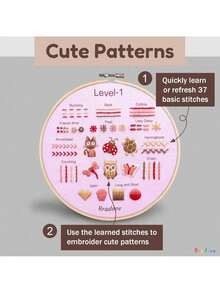 Beginner Embroidery Kit For Adults Kids, Learn To Embroider 37 Stitches And 13 Cute Patterns, Stitches Kit, Bead Embroidery Kit, Beginner Embroidery Practice - 針法練習-C - 查看 3