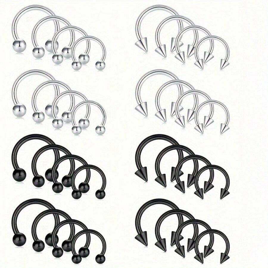 32pcs 14G Silver & Black Nose Rings Piercing Jewelry - Silver - View 1