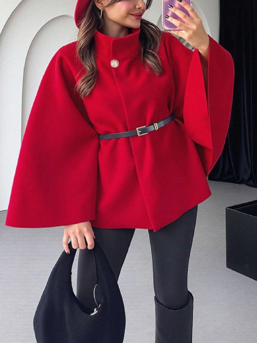 Manteau poncho ample en laine mélangée pour femmes, col montant, manches courtes, avec ceinture, élégant, pour l'hiver - rouge vif - Voir 1