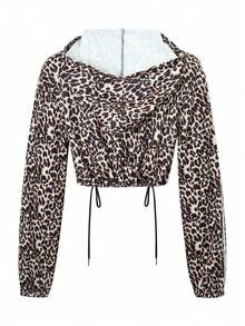 CMC Women Leopard Print Short Hooded Jacket, Zipper Long Sleeve Hooded Streetwear Outerwear