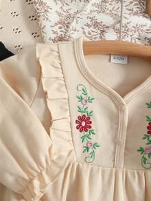 Setelan Baju Bayi Perempuan: Atasan Kardigan Lengan Panjang dengan Bordir Bunga dan Hiasan Ruffle, Celana Hitam, Pakaian Kasual Sehari-hari - Aprikot - View 4
