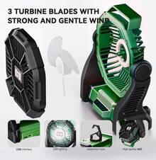 Baby Stroller Cooling Fans USB Powered Hanging Fan With Timer And LED Light, Multi-Angle Rotation For Bedroom, Garage, And Camping Gift For Teens And Adults Halloween Chrismas - Green - View 6