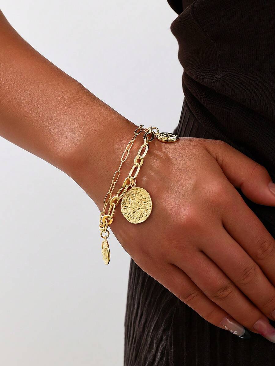 1pc Double-Layer Green Crystal & Waterdrop Pearl Decor Chain Bracelet, Suitable For Daily Wear