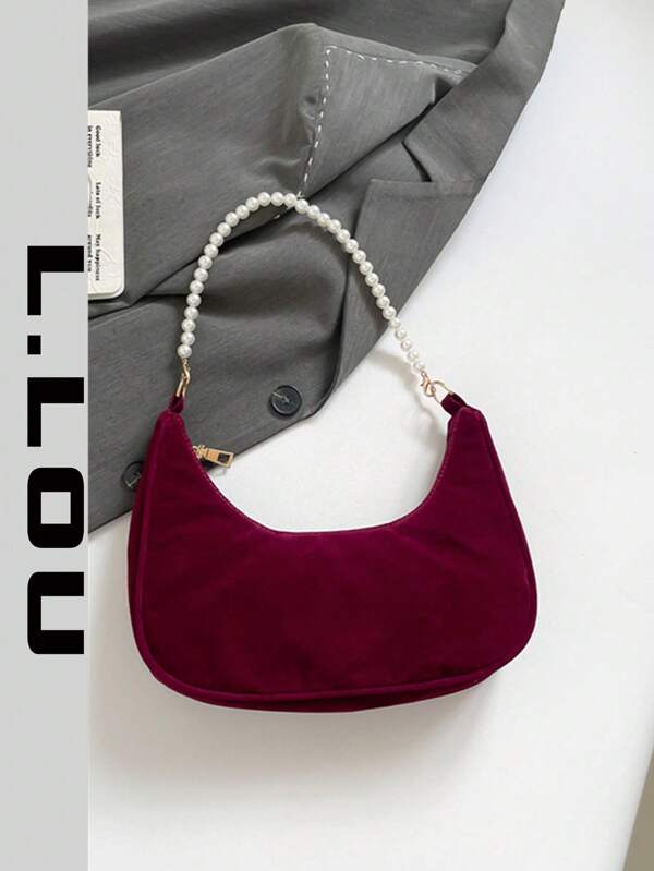 Bolso de hombro en forma de media luna con cadena de perlas, elegante bolso baguette de hombro, bolso pequeño de mano, bolso casual para exteriores, bolso versátil para ir al trabajo