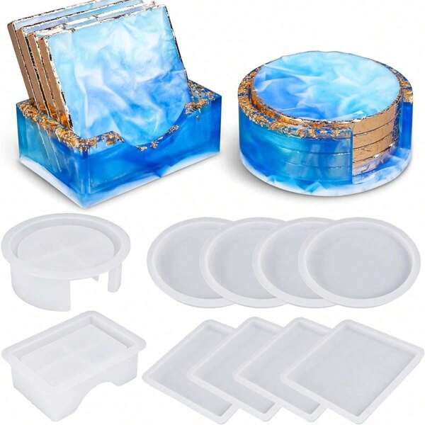 1Pc/Set DIY Round Square Coaster Silicone Mold Epoxy Resin Coaster Storage Box Resin Mold Handmade Resin Coasters Casting Molds